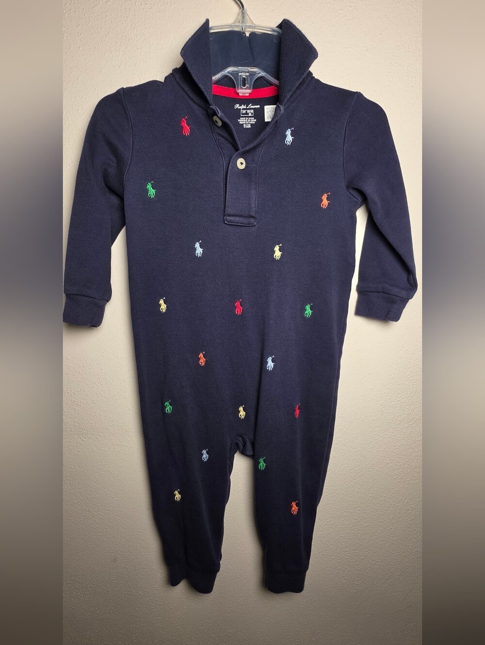 Ralph Lauren Navy Multicolor Embroidered Polo One-Piece for Kids